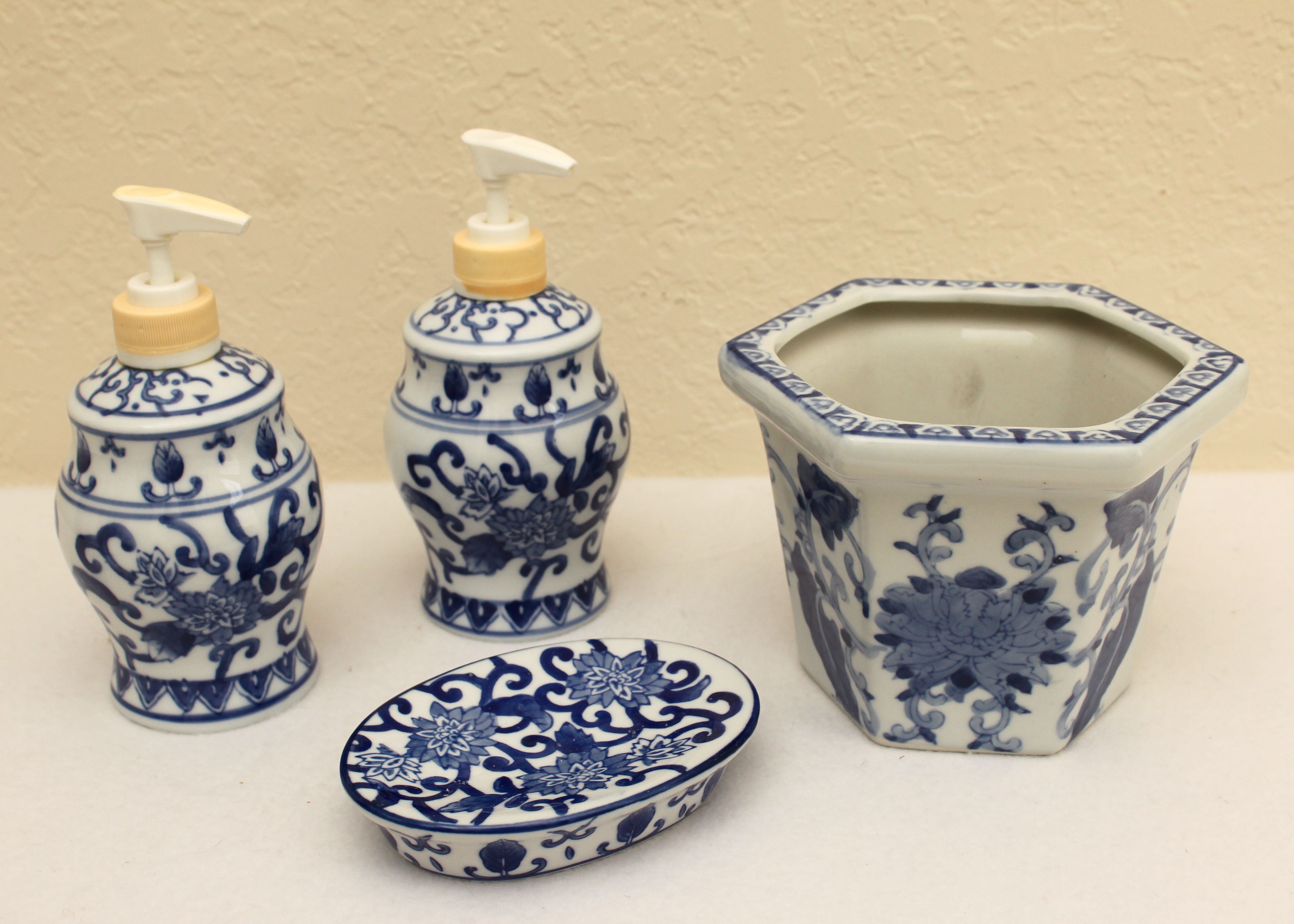 Four Piece Blue and White Porcelain Bathroom Accessories Set EBTH