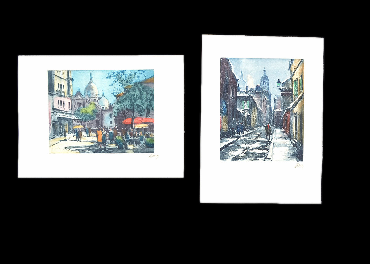 Vintage Hand Colored Etchings by Marcel Julien Baron