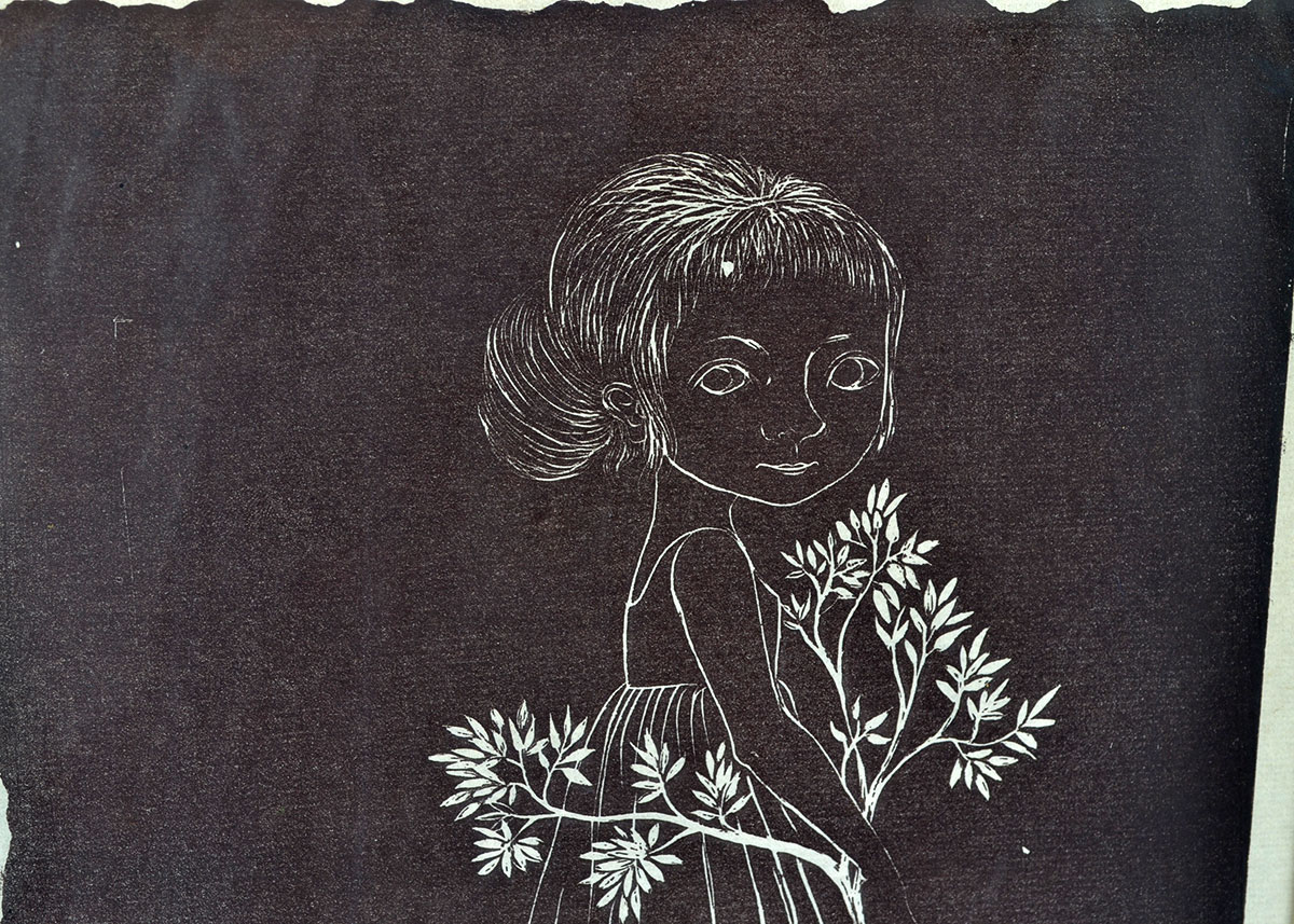 Original "Elf Child" Linocut Print by Helen Lijl