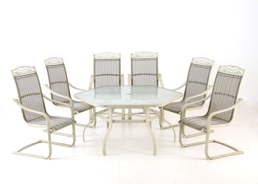 Glass Top Patio Table with Umbrella and Six Chairs