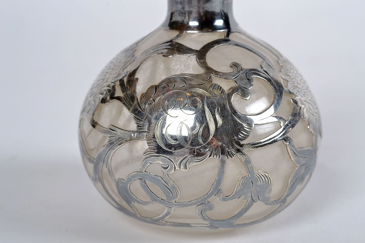 Pair of Floral Sterling Silver Overlay Perfume Bottles