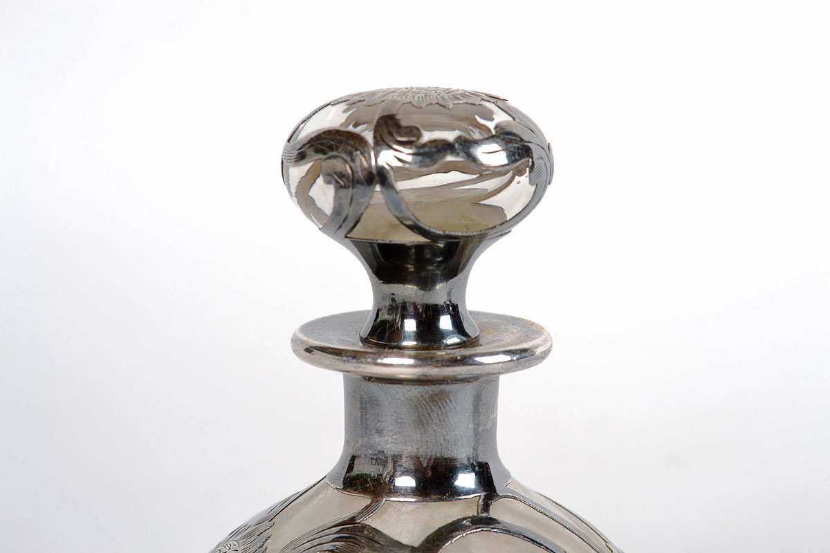 Pair of Floral Sterling Silver Overlay Perfume Bottles