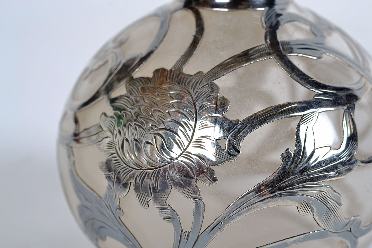 Pair of Floral Sterling Silver Overlay Perfume Bottles