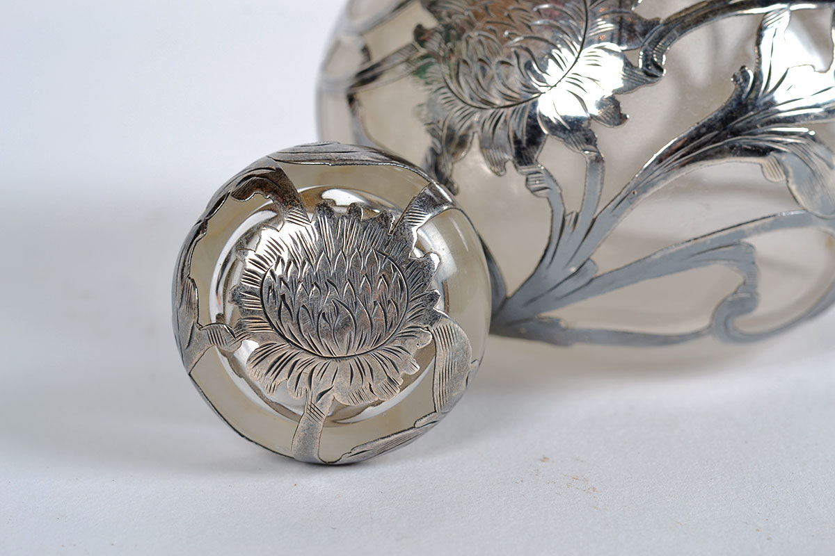 Pair of Floral Sterling Silver Overlay Perfume Bottles