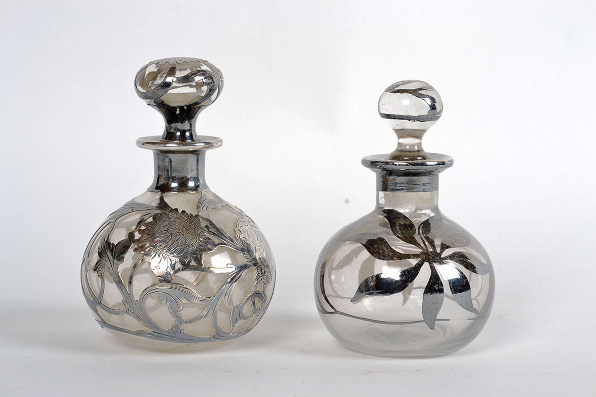 Pair of Floral Sterling Silver Overlay Perfume Bottles