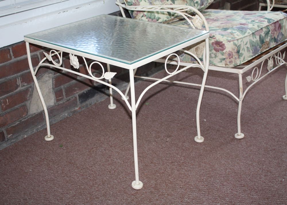 White Wrought Iron Patio Chair and Side Table
