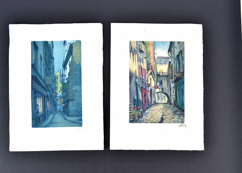 Vintage Hand Colored Etchings by Marcel Julien Baron