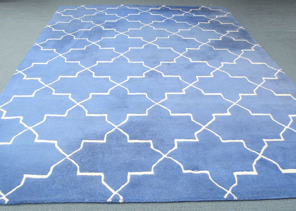 Large Blue and White Wool Area Rug