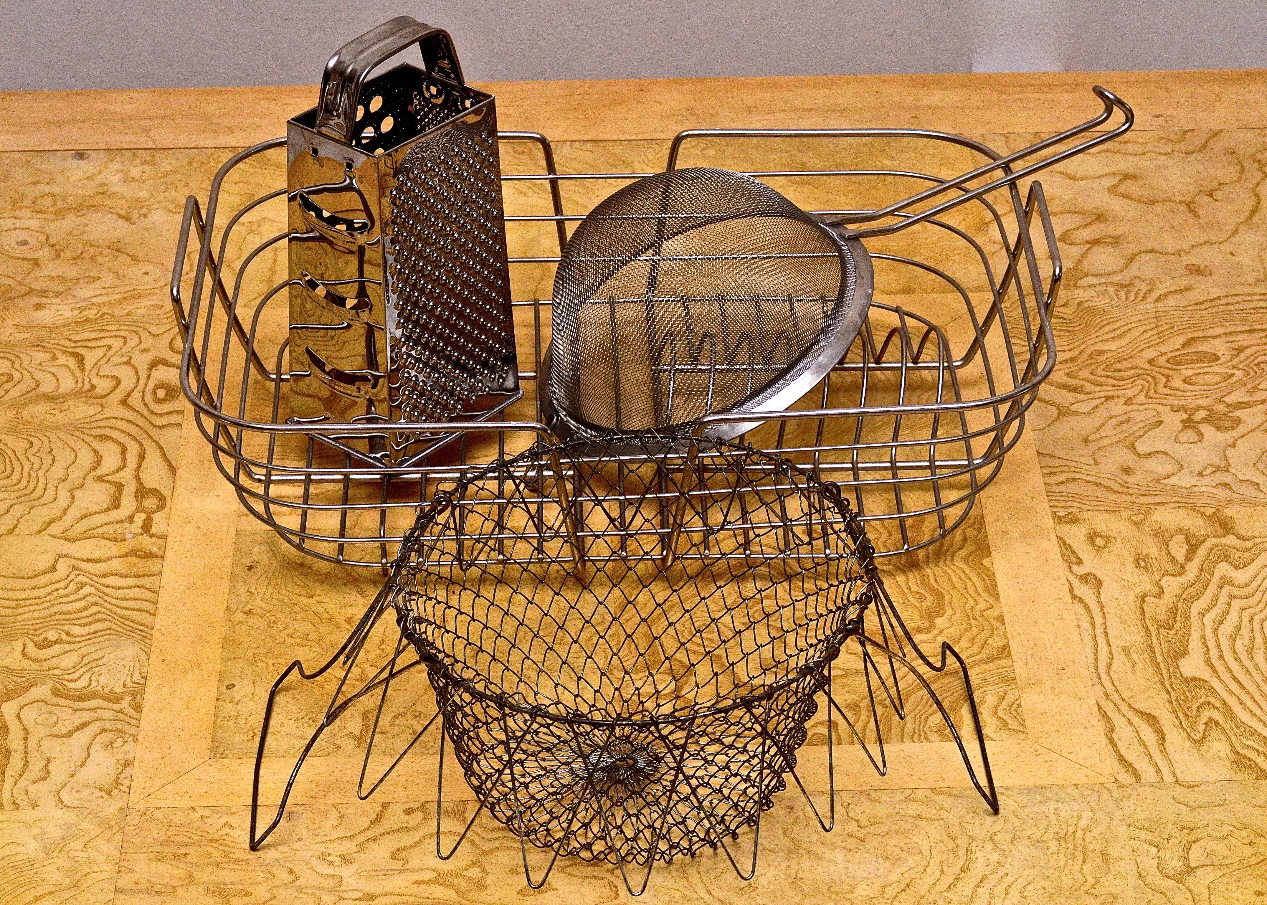 Vintage Collapsible Basket and Collection of Kitchen Essentials