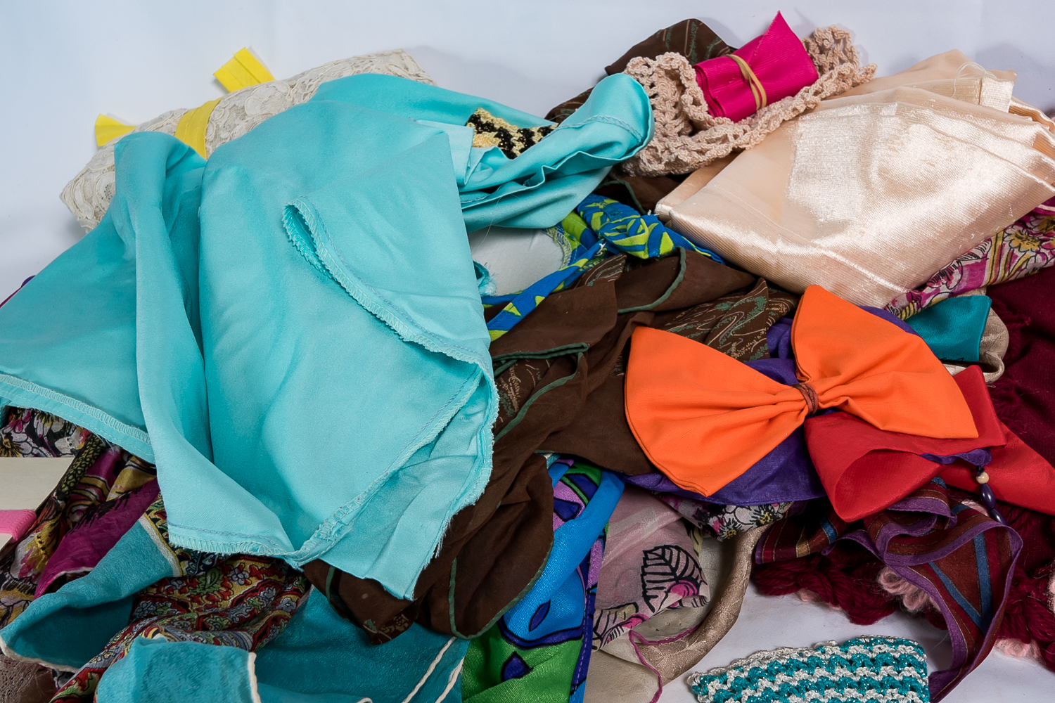 Vintage Scarves, Fabric Remnants and Knitting Needles