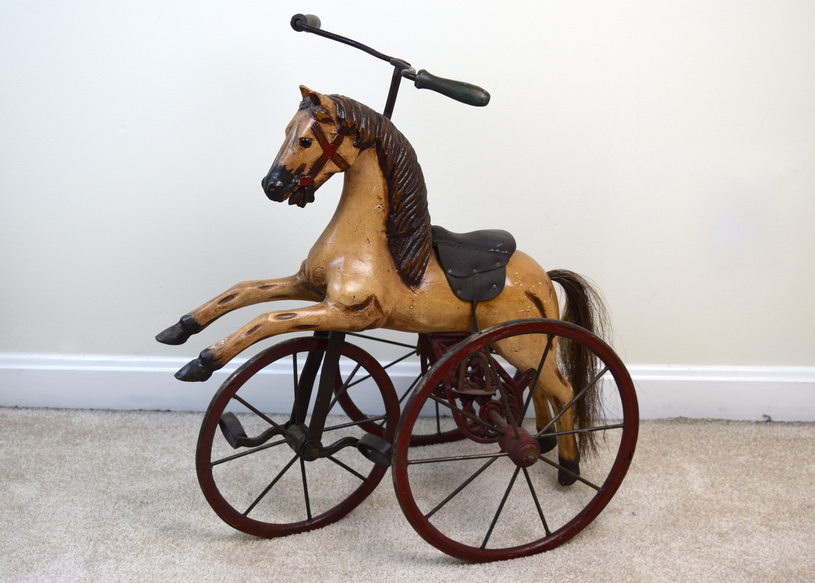 Reproduction Hand-Carved Wooden Horse Tricycle