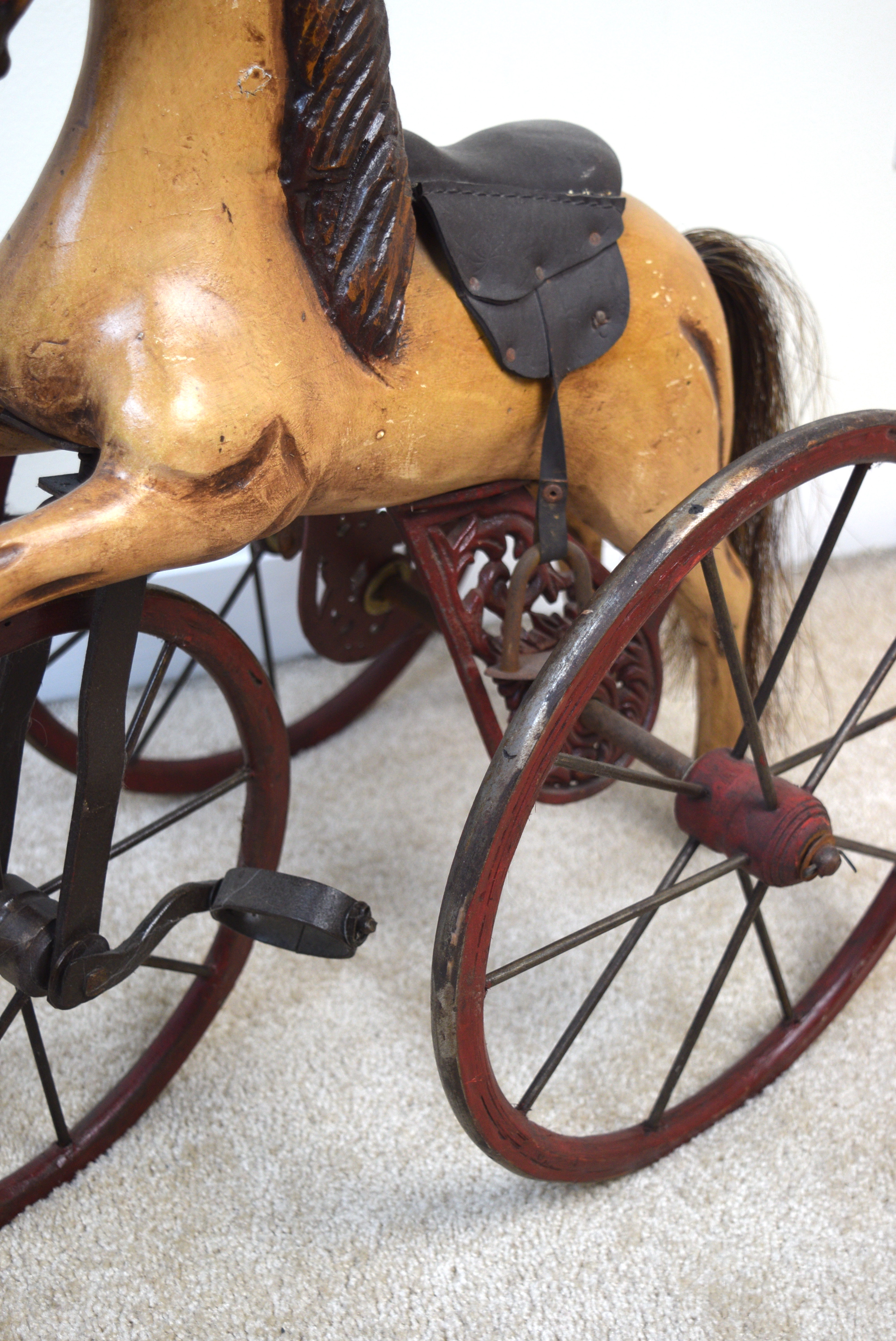 Reproduction Hand-Carved Wooden Horse Tricycle