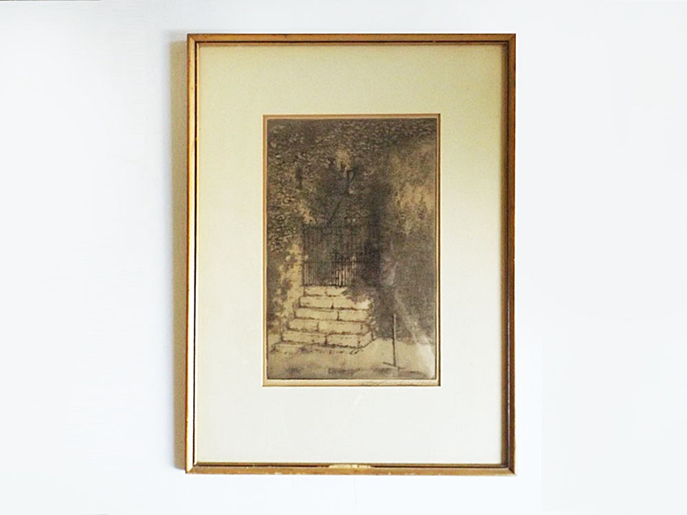 Signed E.T. Hurley Etching of Sterritt Homestead Gate, c. 1913