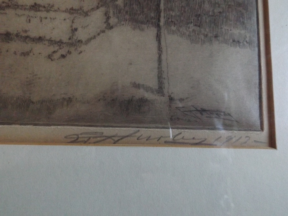 Signed E.T. Hurley Etching of Sterritt Homestead Gate, c. 1913