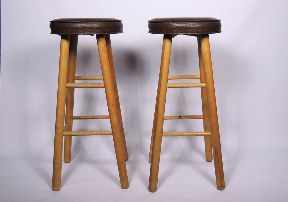 Two Wooden Stools with Padded Seats