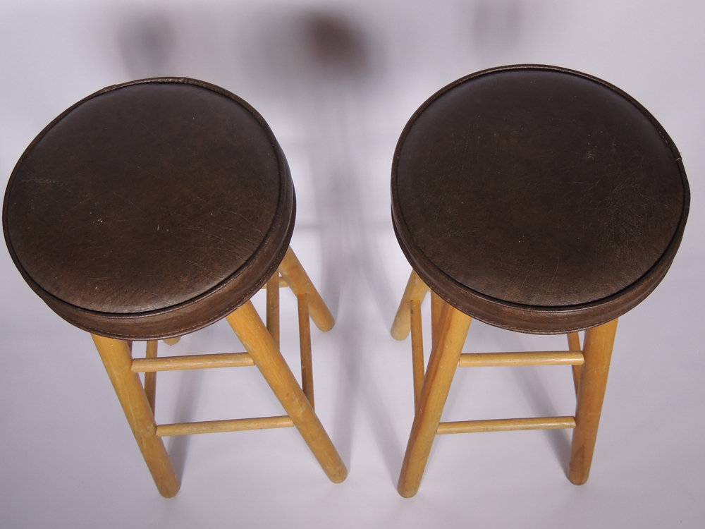 Two Wooden Stools with Padded Seats
