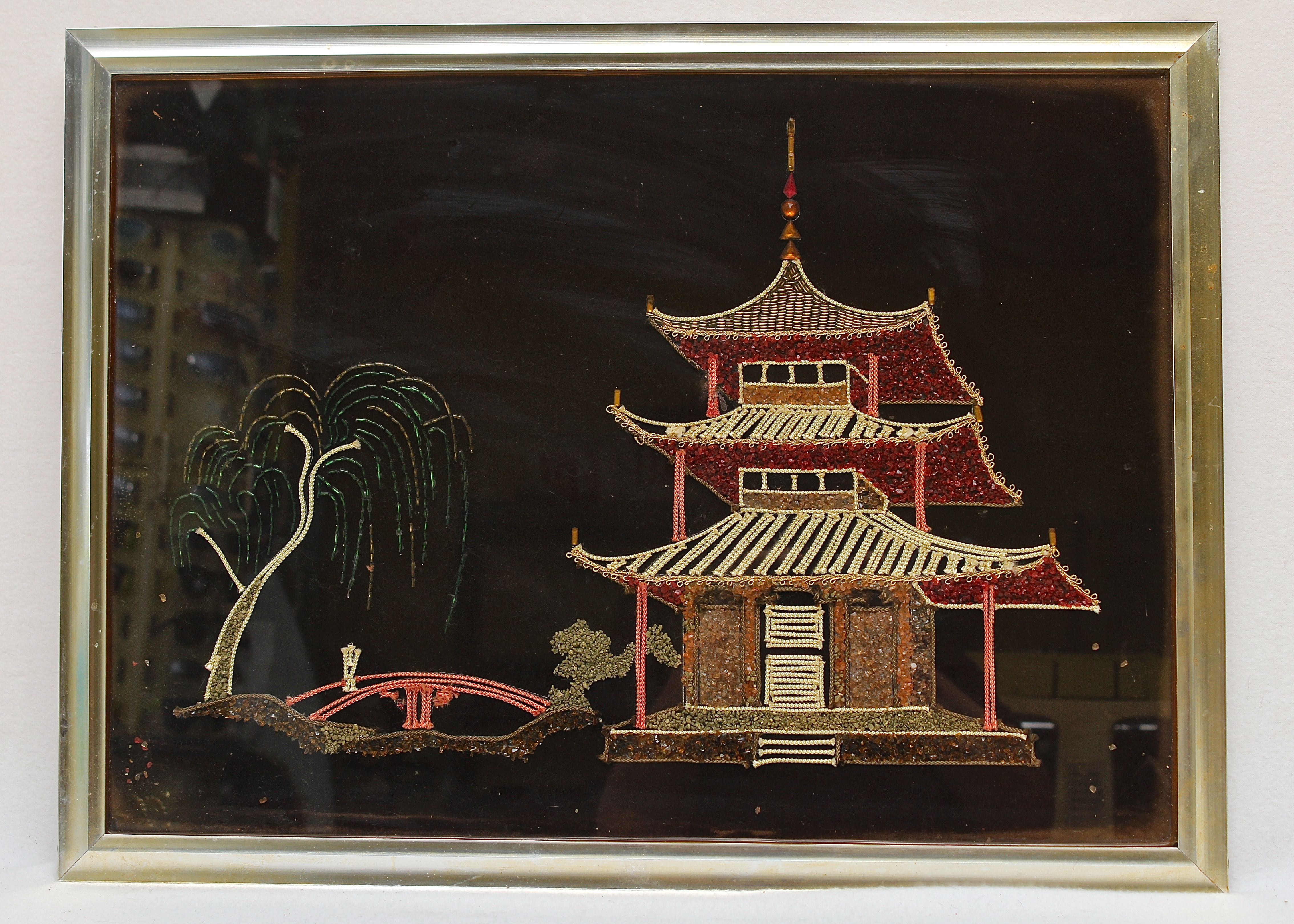 Vintage Kitsch Velvet Framed Picture of a Pagoda