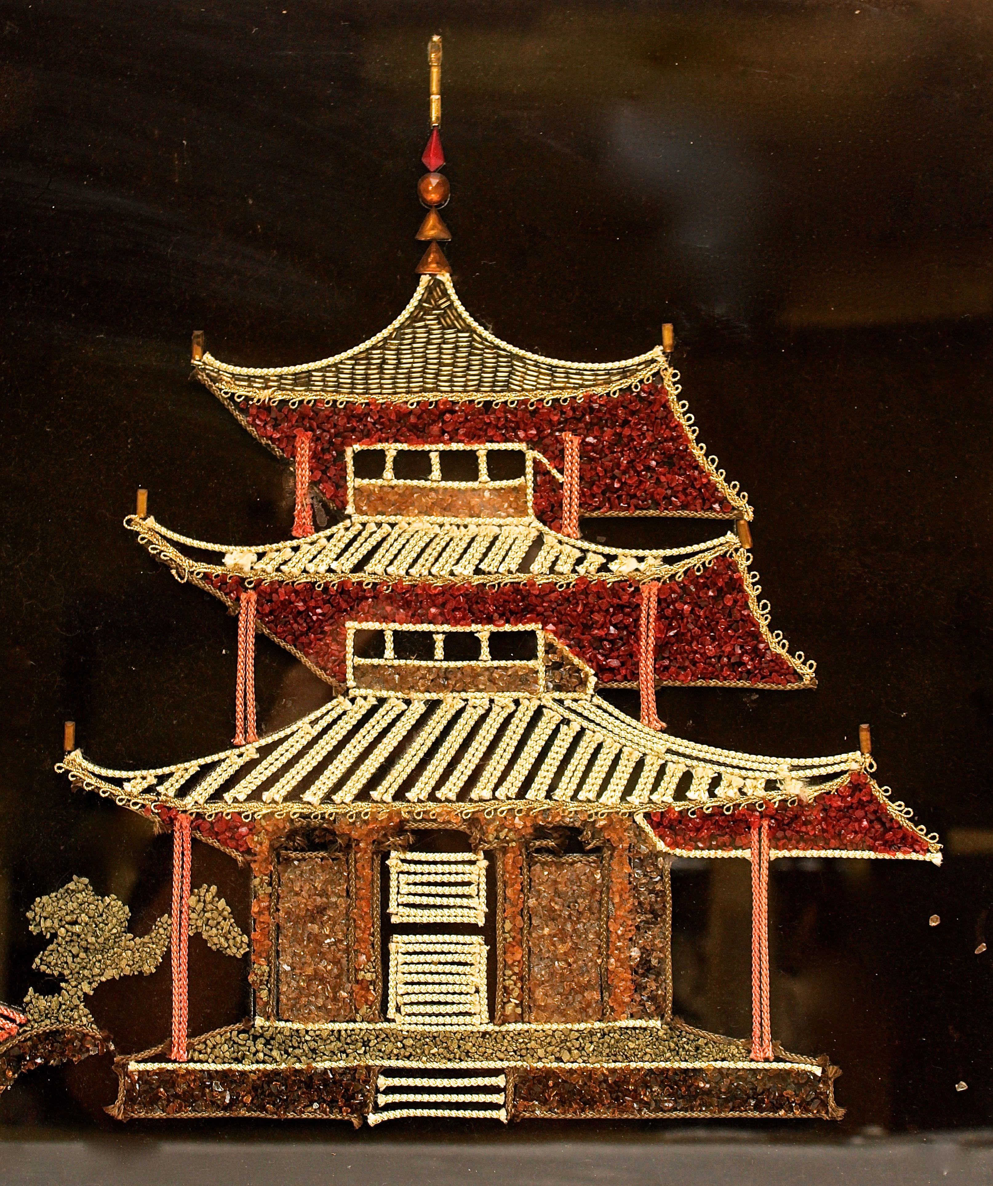 Vintage Kitsch Velvet Framed Picture of a Pagoda