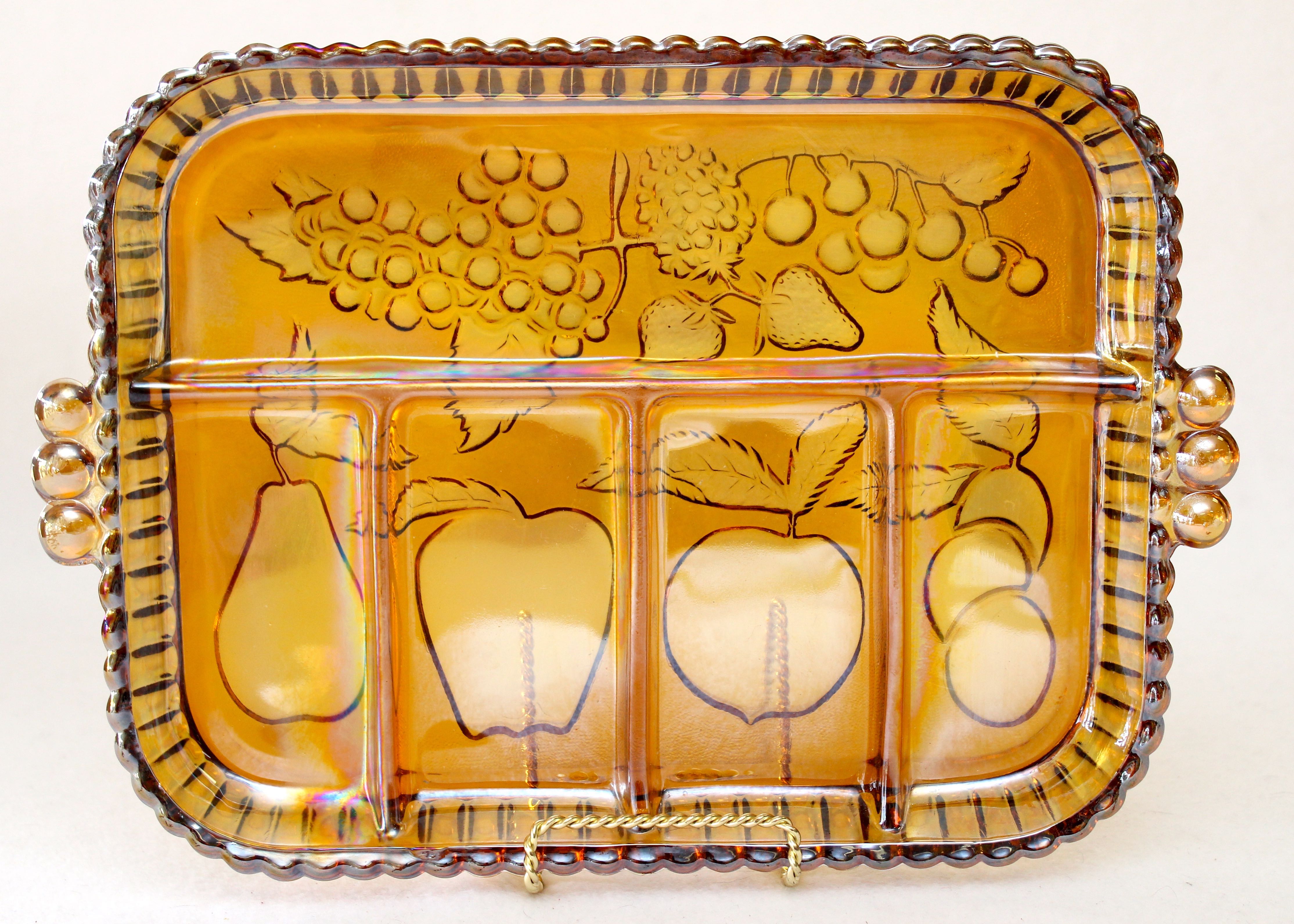 Vintage Indiana Glass Five Part Tray Decorated with Fruits