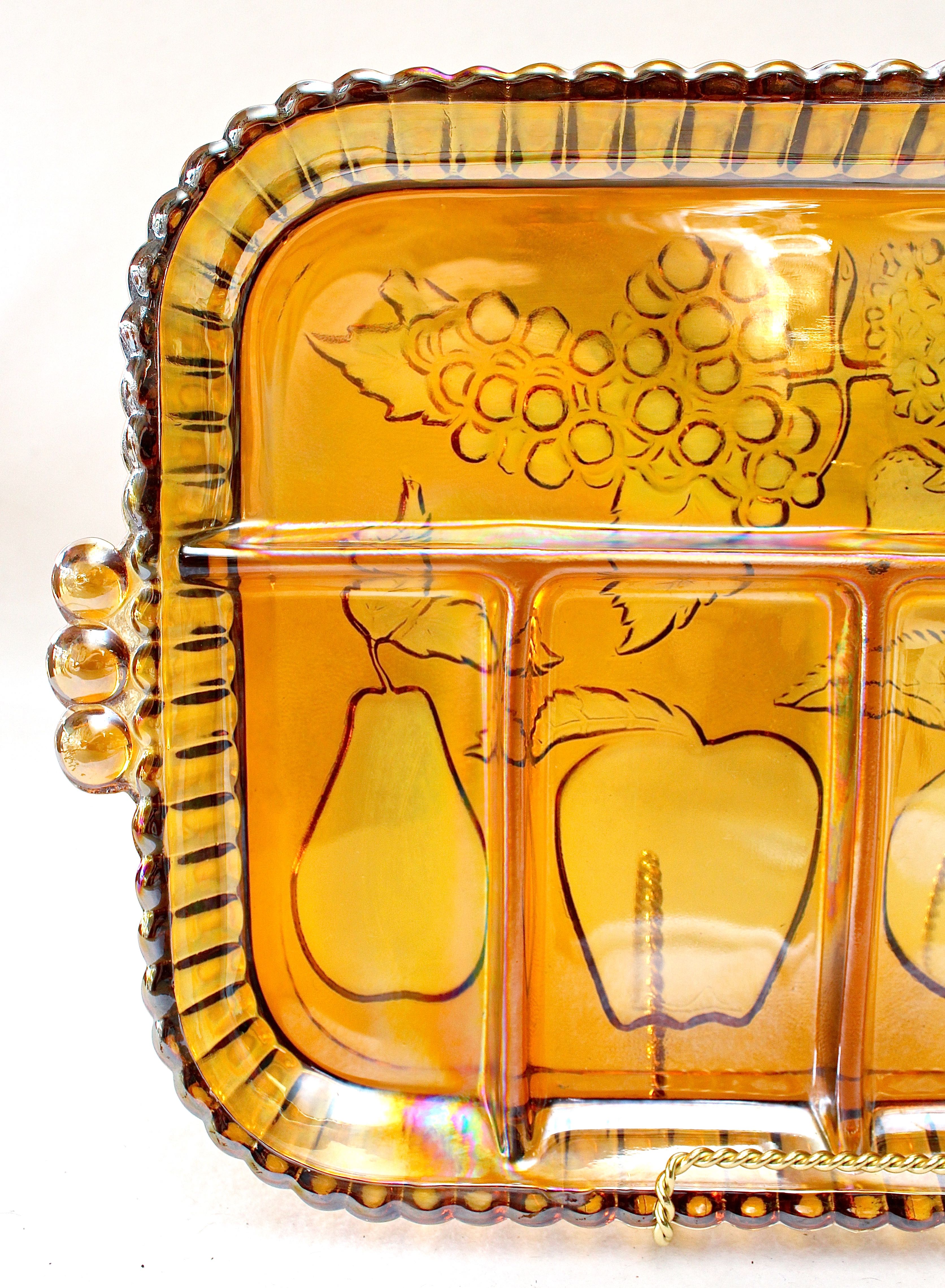 Vintage Indiana Glass Five Part Tray Decorated with Fruits