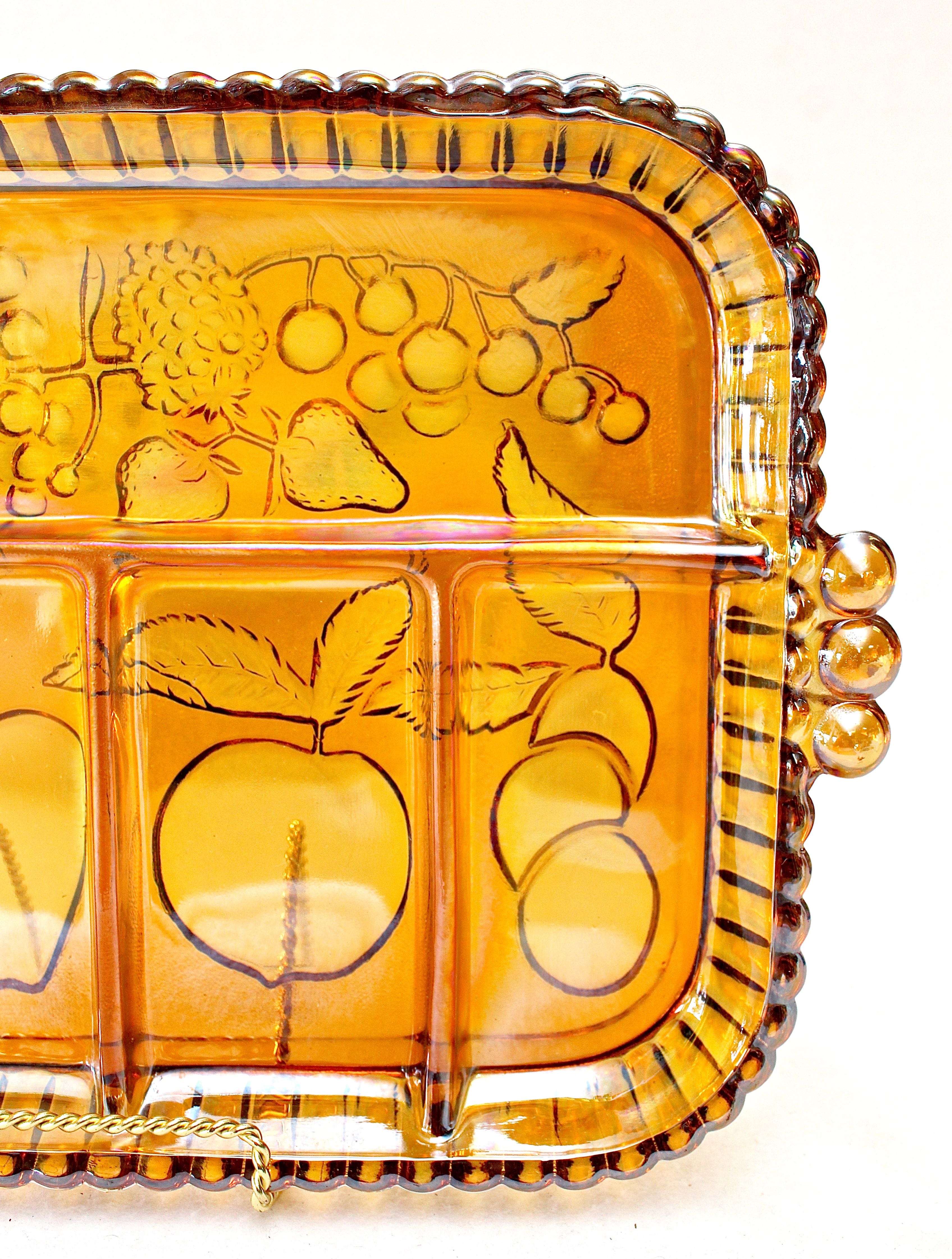 Vintage Indiana Glass Five Part Tray Decorated with Fruits