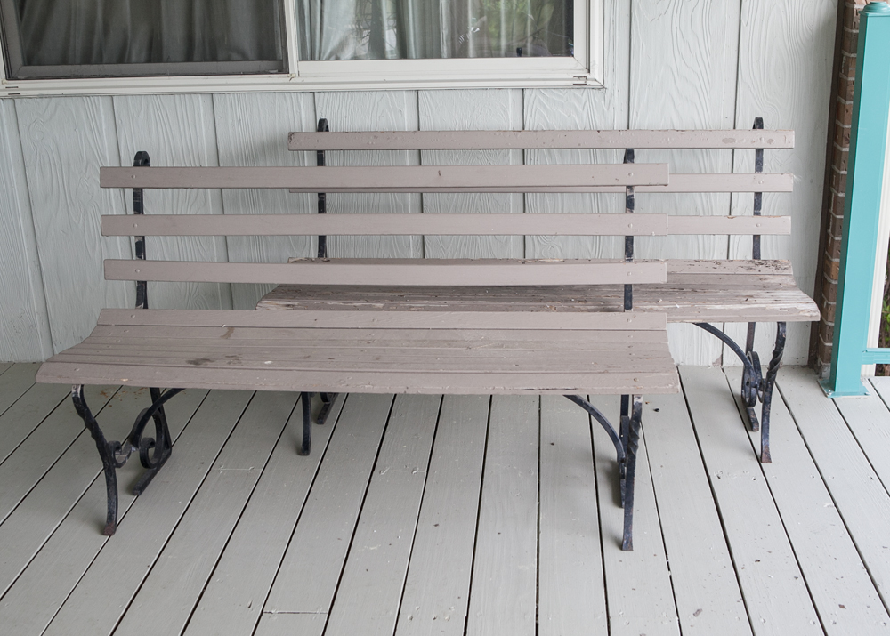 Wooden Outdoor Benches with Wrought Iron Arms and Legs