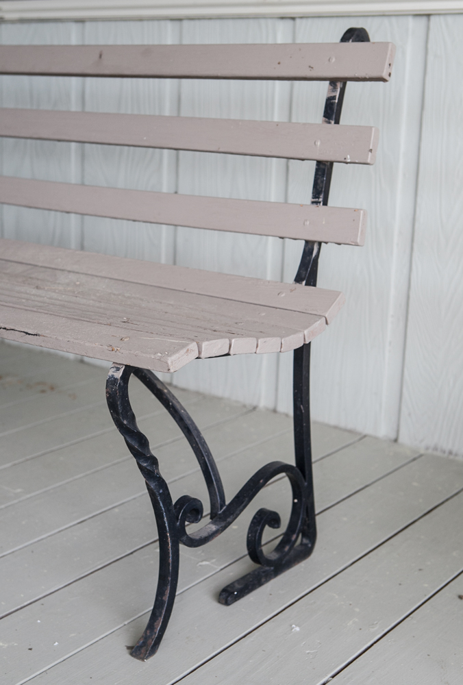 Wooden Outdoor Benches with Wrought Iron Arms and Legs