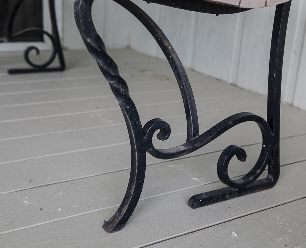 Wooden Outdoor Benches with Wrought Iron Arms and Legs