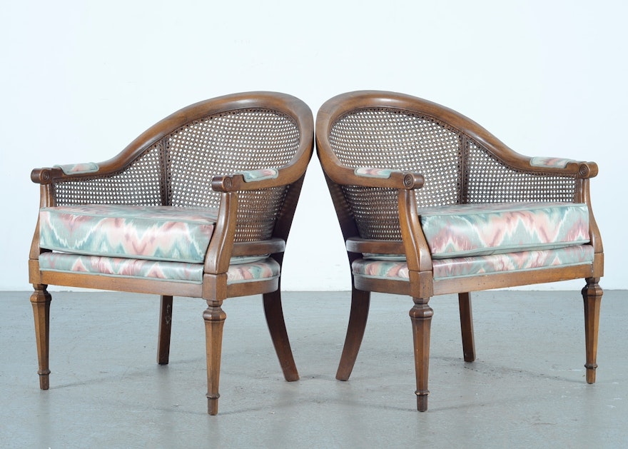 Pair Vintage Caned Barrel Back Upholstered Chairs