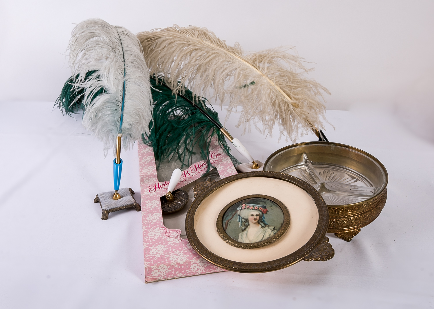 Feather Pens and Brass-Toned Bowl