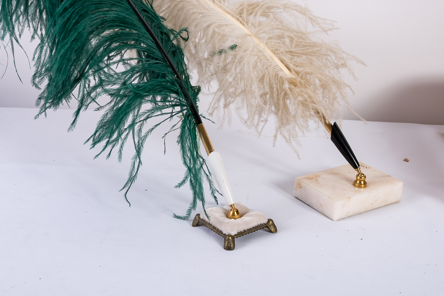 Feather Pens and Brass-Toned Bowl
