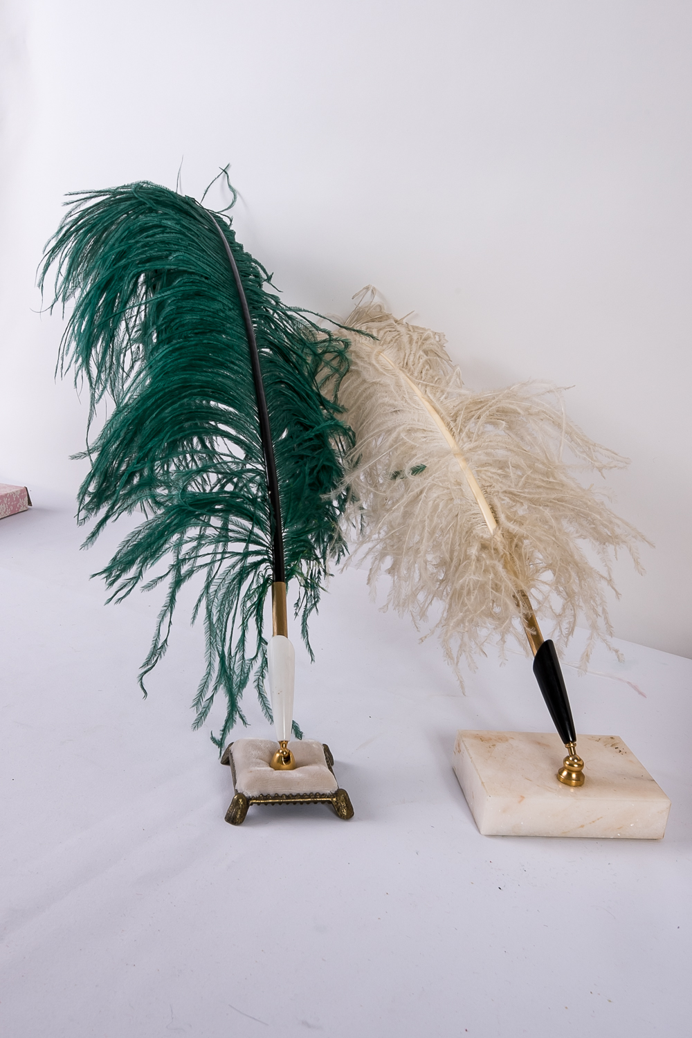 Feather Pens and Brass-Toned Bowl