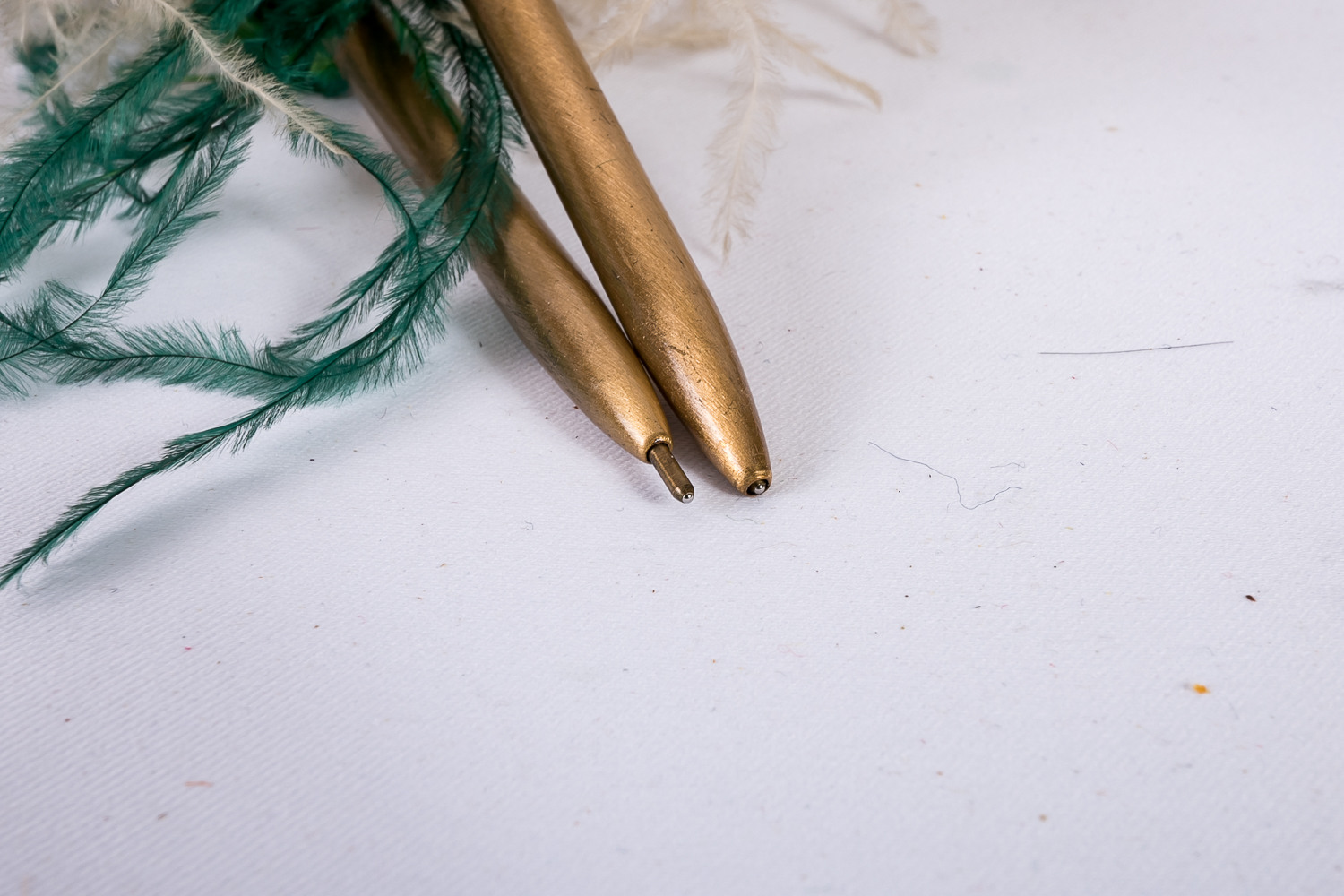 Feather Pens and Brass-Toned Bowl