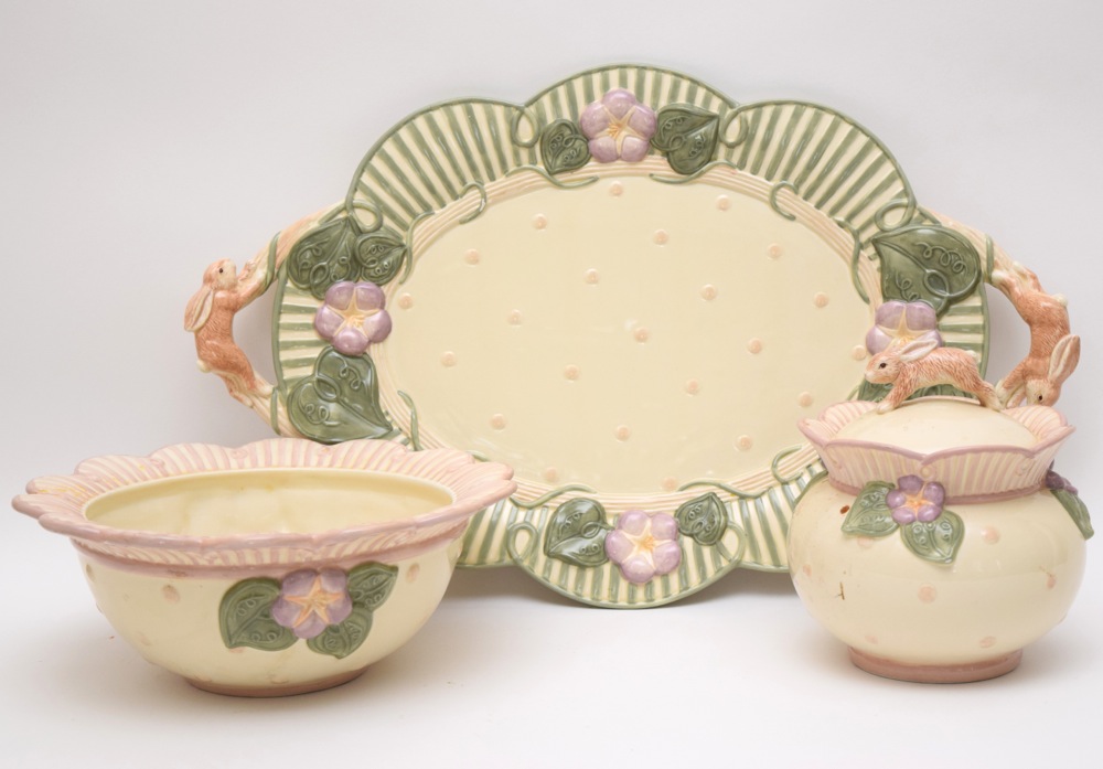 Demdaco 2001 Bunny Design Platter, Cookie Jar and Serving Bowl