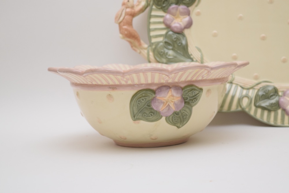 Demdaco 2001 Bunny Design Platter, Cookie Jar and Serving Bowl