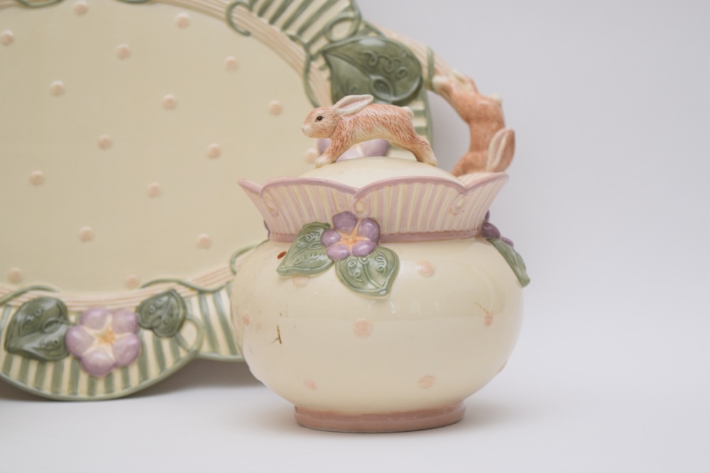 Demdaco 2001 Bunny Design Platter, Cookie Jar and Serving Bowl