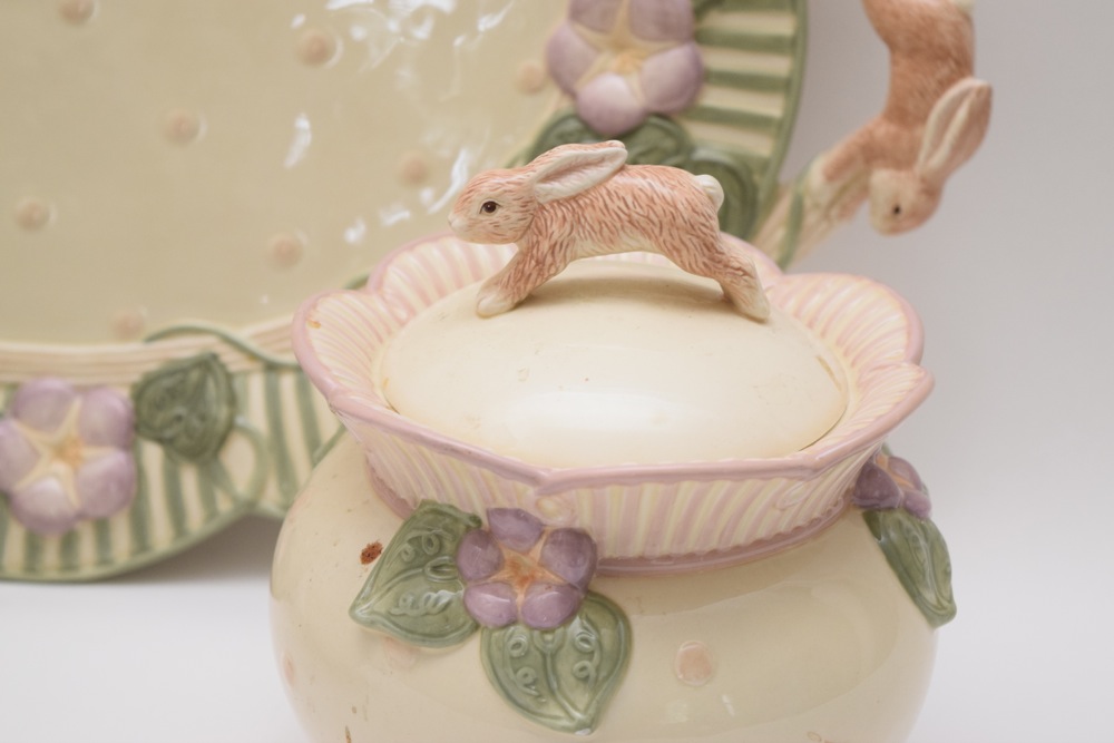 Demdaco 2001 Bunny Design Platter, Cookie Jar and Serving Bowl
