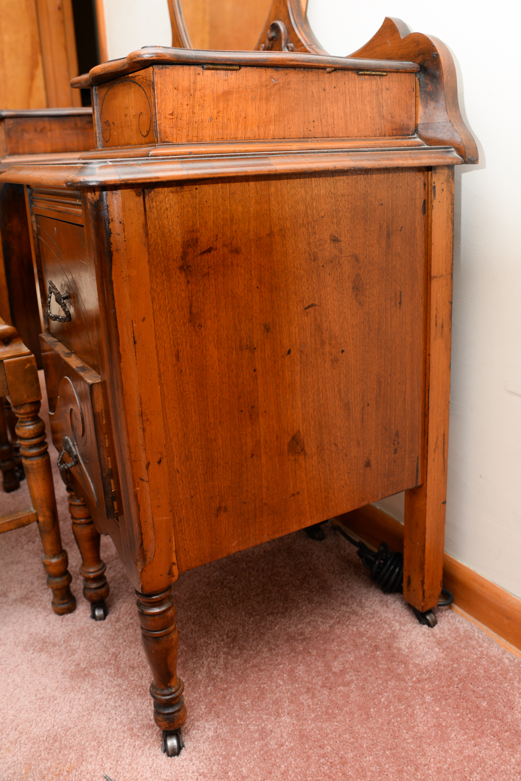 Vintage Burl Walnut Vanity with Mirror and Stool