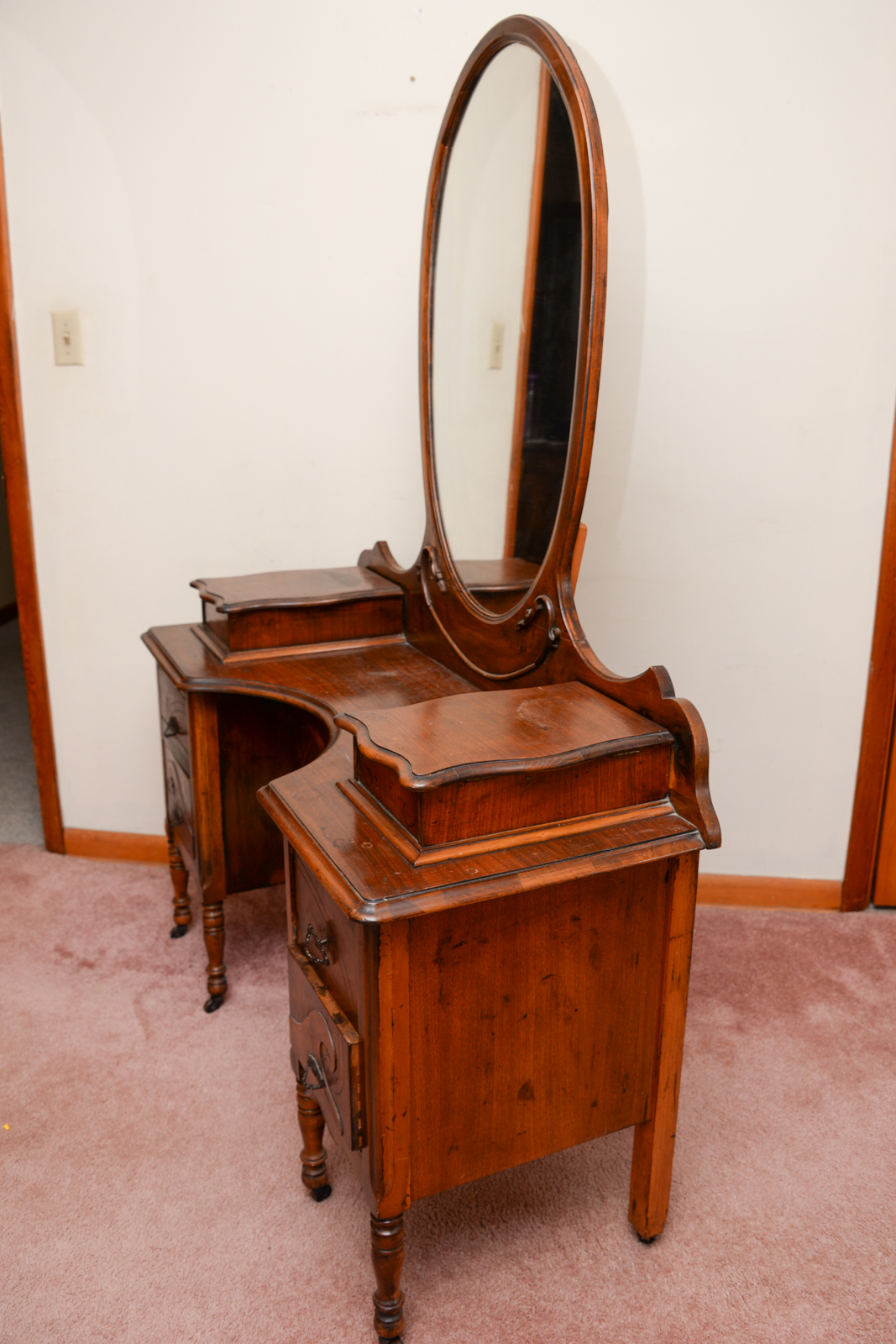 Vintage Burl Walnut Vanity with Mirror and Stool