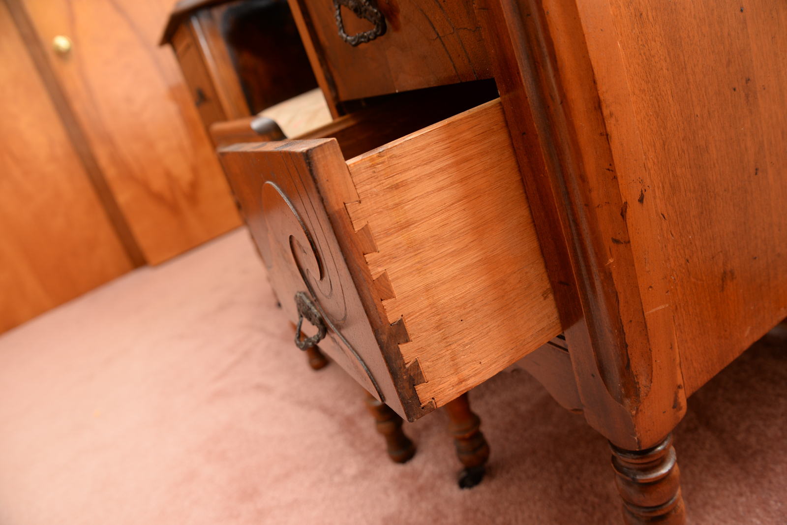 Vintage Burl Walnut Vanity with Mirror and Stool