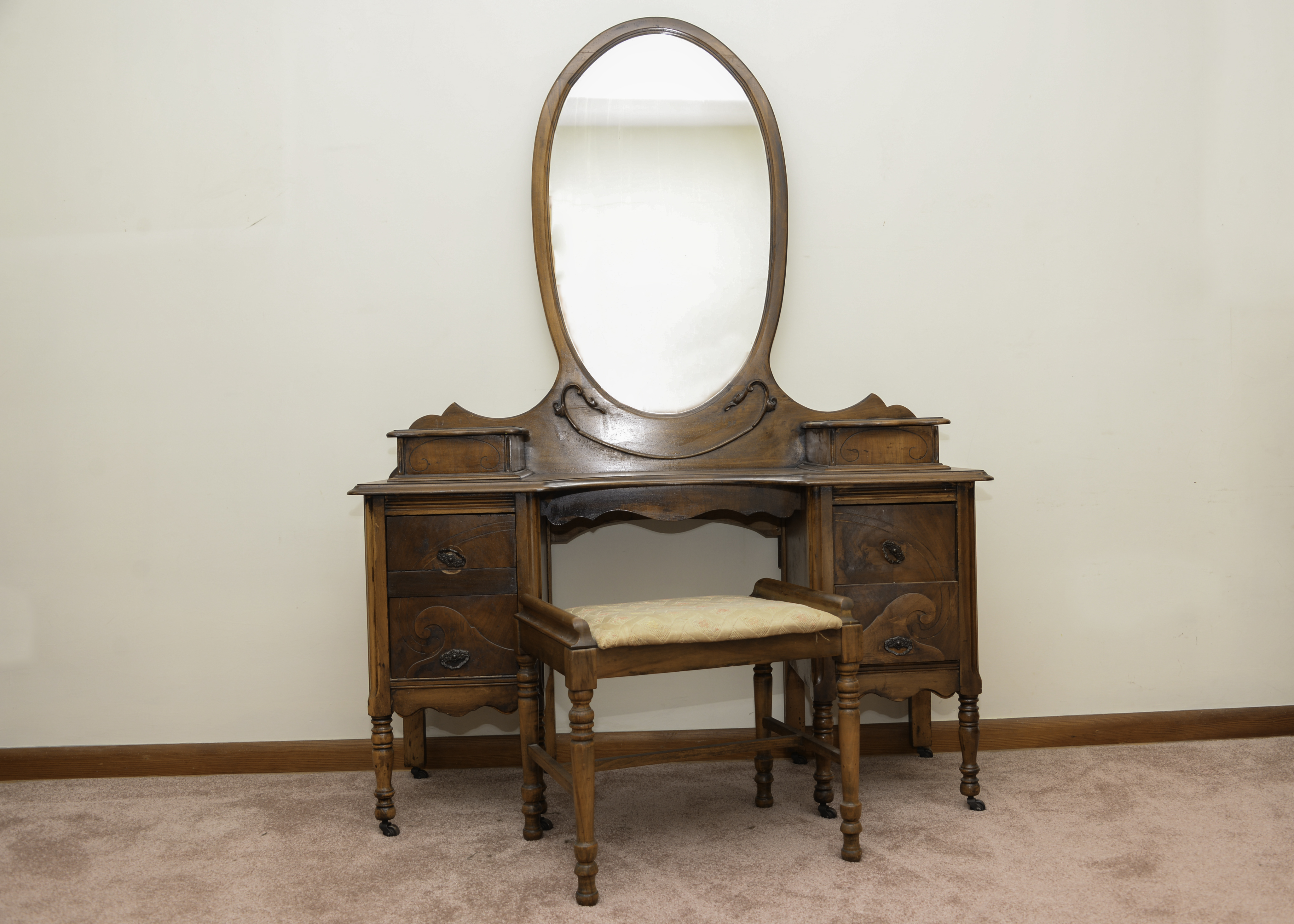 Vintage Burl Walnut Vanity with Mirror and Stool