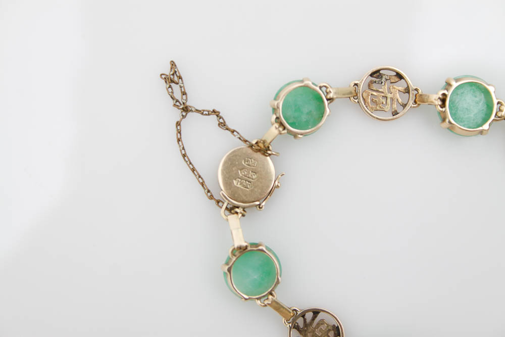 Chinese Character 14k Gold and Jade Bracelet