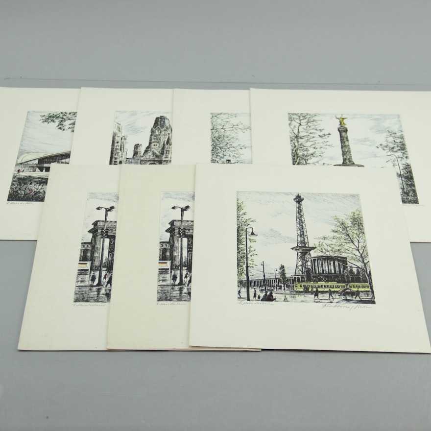 Group of Seven Hand-Tinted Engravings by Erhard Kirschstein