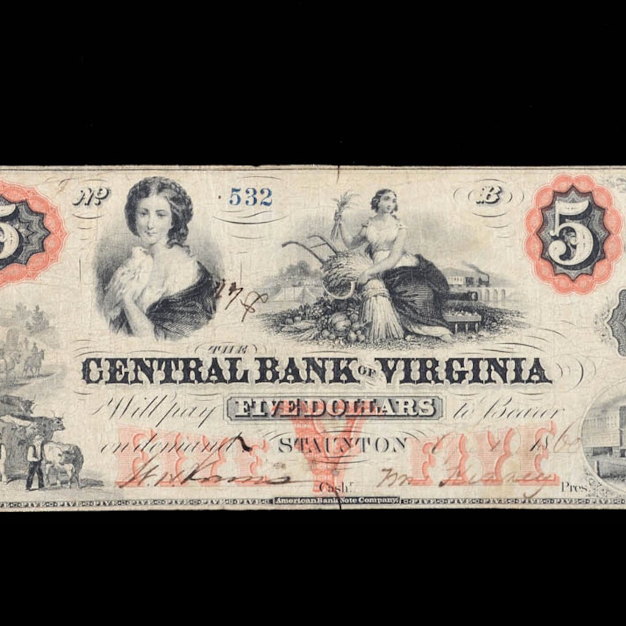 1860 Five Dollar note from the Central Bank of Virginia