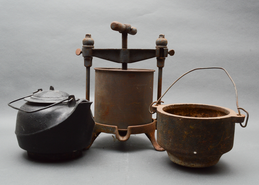 Antique Cast Iron Lard Press, Melting Pot and Kettle