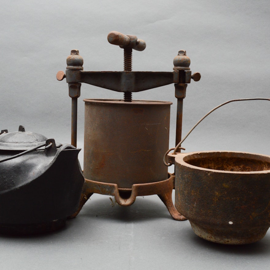 Antique Cast Iron Lard Press, Melting Pot and Kettle