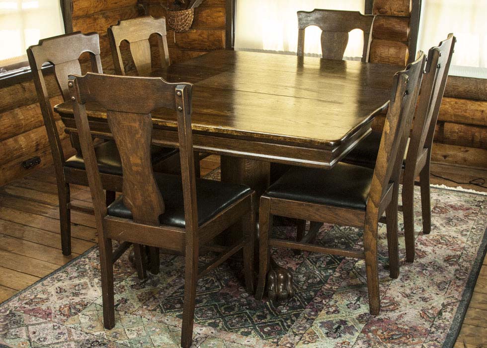 Oak Pedestal Table and Dining Chairs