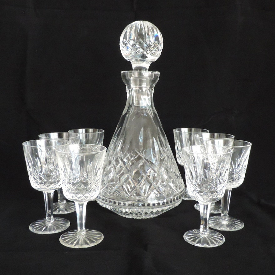 Waterford "Lismore" Crystal Decanter with Eight Port Wine Glasses