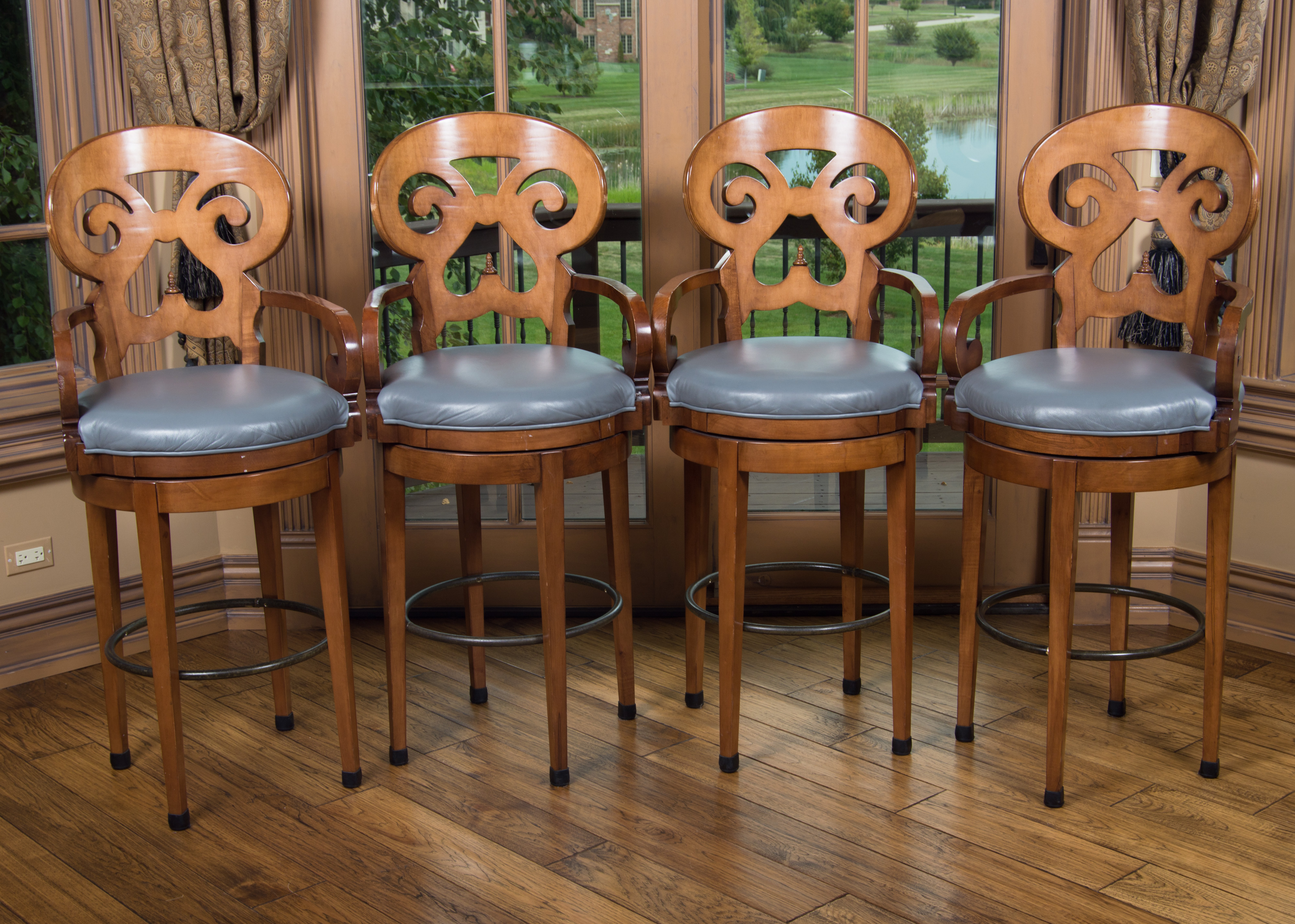 Swaim Swivel Arm Bar Stools with Leather Seats - Set of 4