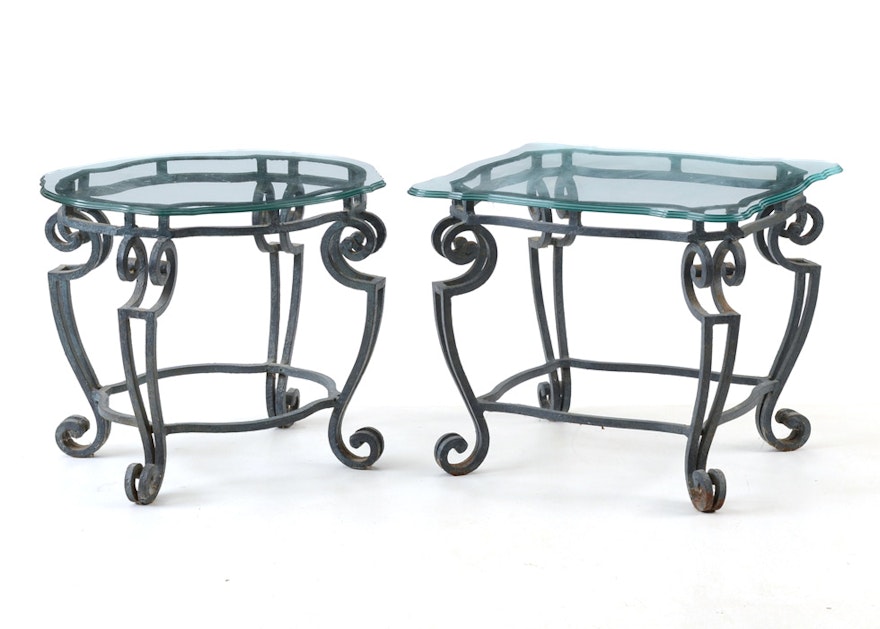 Pair of Glass Top Wrought Iron End Tables